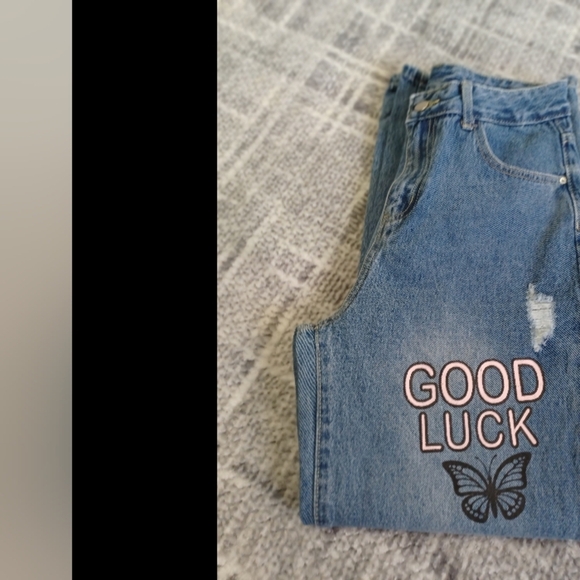 Shein high waisted distressed Printed Medium Wash baggy jeans Sz M Youth - Picture 9 of 9